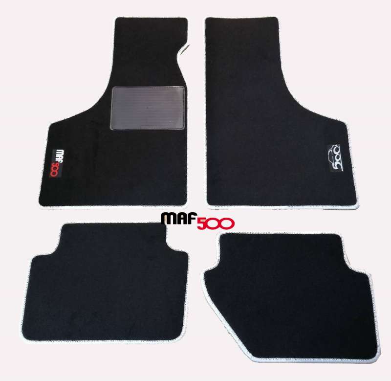 Serie 4 pezzi sovra tappetini in moquette nero bordo bianco Logo MAF 500 Fiat 500 N D F L R