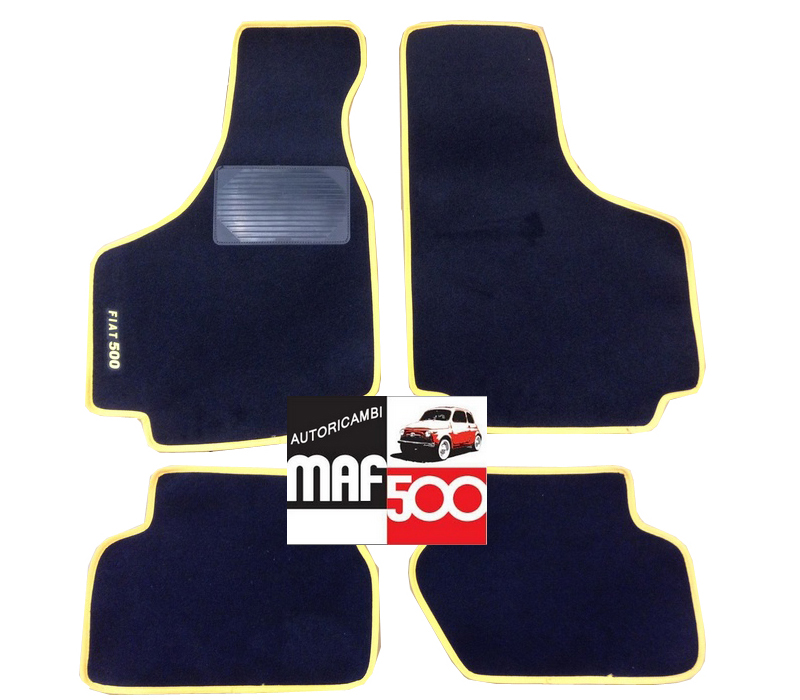 Serie 4 pezzi sovra tappetini in moquette nero bordo giallo Fiat 500