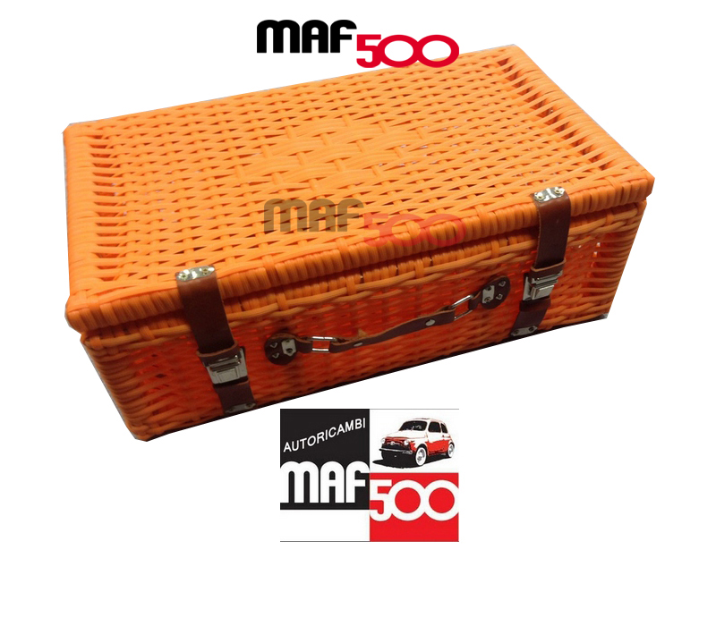 Valigia cestino tipo vimini arancione per portapacchi Fiat 500