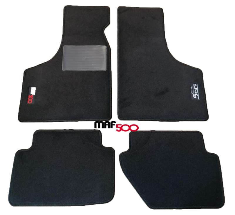 Serie 4 pezzi sovra tappetini in moquette nero bordo nero Logo MAF 500 Fiat 500 N D F L R