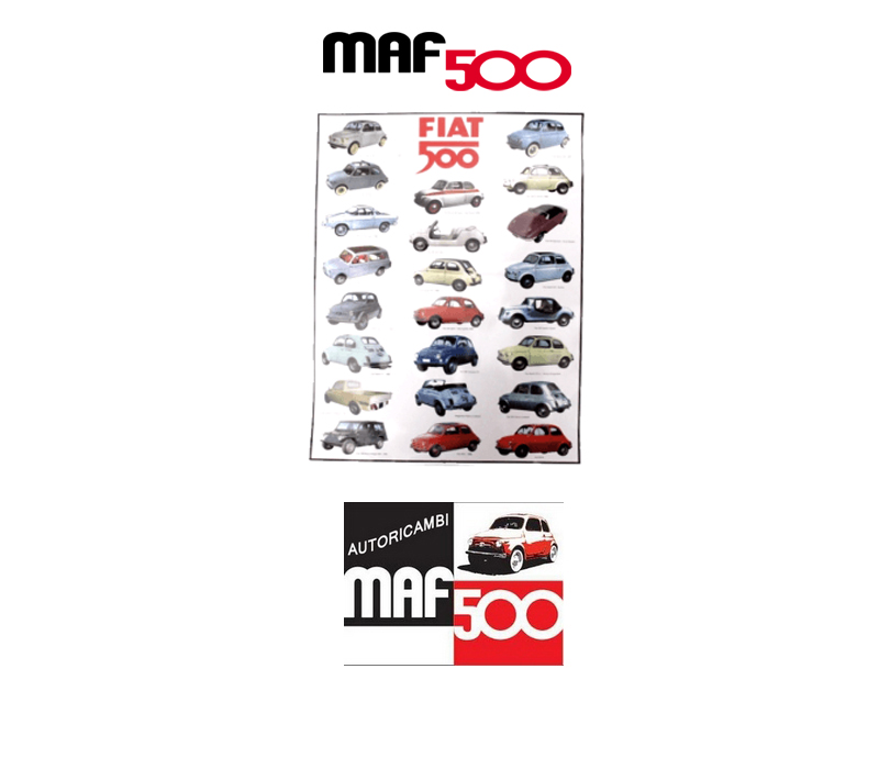 Poster illustrativo modelli Fiat 500 epoca